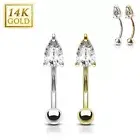 14K Solid GOLD Teardrop CZ Curve Bar Eyebrow Ring Ear Rook Snug Helix Daith Stud