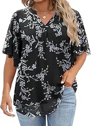 [IN'VOLAND] Women's Plus Size Blouses Short Sleeve Floral Double Layers Mesh V Neck Tunic Tops Dressy Flowy Stretchy Shirts