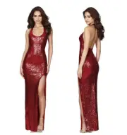 Nookie Smoulder Gown Sequined Maxi Dress Halter Red Size M Side Slit NWT