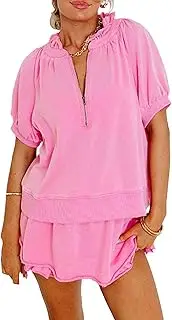 [KevaMolly] Women's 2 Piece Lounge Sets Casual Short Sleeve Outfits Half Zip Puff Sleeve Top and Ruffled Shorts Set