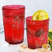 12pcs Vintage Drinking Glasses Set, 12 oz Highball Glasses & 9 oz Embossed Ribbed Glassware Cups for Cocktail, Water, Juice, Coffee, Whiskey (Red)