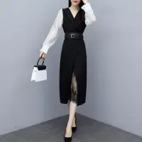 在飛比找momo購物網優惠-【SZ】玩美衣櫃西裝洋裝拼接開衩黑色氣質連身裙M-XL