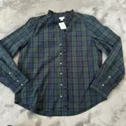 NWT J. Crew Factory SMALL Black Green Watch Plaid Ruffle Neck Top Blouse Cotton