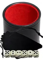 (6) 15mm Light Ivory Tone Pip Dice w/Pouch + Black PU Leather Red Felt Lined Cup