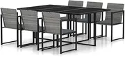 vidaXL Modern Poly Rattan Outdoor Dining Set with Cushions, Grey - Perfect for Patio or Garden, Featuring Tempered Glass Tabletop and Powder-Coated Steel Frames