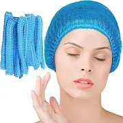 Disposable Bouffant Caps 100 Pcs (Blue)，21inches Hair Net， Elastic Dust Cap for Food Service, Sleeping Head Cover, Medical