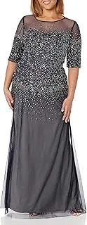 [Adrianna Papell] Women's Plus-Size 3/4 Sleeve Beaded Illusion Gown with Sweetheart Neckline