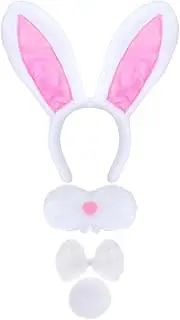 4pcs Bunny Costume Set Includes White Plush Bunny Ears Headband Bowtie Nose Bunny Tail for Women Adults Bunny Dress up Accessories for Halloween Party Supplies