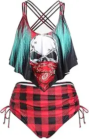 [ROSE GAL] Rosegal Women Plus Size Gothic Tankini Swimsuit Skull Print Crisscross Flounce Two Piece Bathing Suit