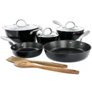Kenmore Logan 10 Piece Aluminum Nonstick Cookware Set in Black with Wood Utensil