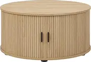 Merryluk Round Coffee Table,Drum Coffee Table with Sliding Tambour Door, Fluted Accent Center Table with Storage, Mid Century Modern Coffee Table for Living Room, Oak