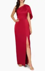 Aidan Mattox by Adrianna Papell Satin One Shoulder Gown Color Matador Red Size 8