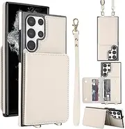 SLLMYYX for Samsung Galaxy S23 Ultra Case with RFID Blocking Card Holder Crossbody Lanyard Strap Leather Wallet Case with Magnetic Clasp Protective Cover for Galaxy S23 Ultra, White