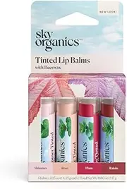 Sky Organic Tinted Lip Balm 4 Pack Assorted Colors - With Beeswax, Coconut Oil, Cocoa Butter, Vitamin E- Minty Lip Plumper For Dry, Chapped Lips- Tinted Lip Moisturizer. Made In Usa
