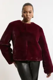 Plus Size Collarless Faux Fur Jacket