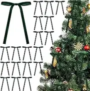 24 Pack Velvet Christmas Bows for Christmas Tree Rustic Crafts Gift Bows Vintage Velvet Ribbon Bows for Xmas Home Outdoor Indoor, Christmas Tree Decor (Dark Green)