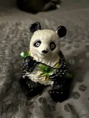 Bedazzled Panda Bear With Bamboo Trinket Box Metal Enameled 3 Inch w/stones