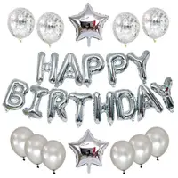 在飛比找momo購物網優惠-質感雙星銀色系生日快樂套組1組(生日氣球 生日佈置 生日派對