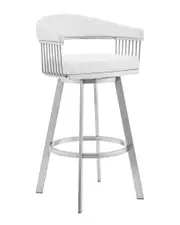 Armen Living Bronson 29" White Faux Leather And Brushed Stainless Steel Swivel Bar Stool