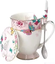 Krysclove Delicate Tea Cup and Lid and Spoon Set Royal Fine Bone China Coffee Mug Print Cup 11oz Ceramic Teacups 3.3 * 3.3 * 4.3inch Pink