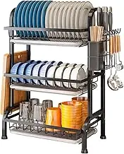 Hoisimdy Dish Drying Rack 3 Tier Large Capacity Kitchen Dish Draining Rack Cultery Drainer with Drip Tray 42cm