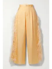 [LAPOINTE] LAPOINTE - Feather-trimmed Silk-twill Straight-leg Pants - Pastel orange - US2 US 2 Orange