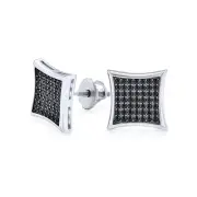 Men's Black Square CZ Stud Earrings, Micro Pave Zirconia, Silver Screw Back