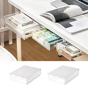 2 Sets Self-Adhesive Slide-out Under Desk Drawer, Hidden Attachable Storage Organizer for Office Home Closet, Clear Plastic Stick-on Drawer for Stationery Supplies (Clear)