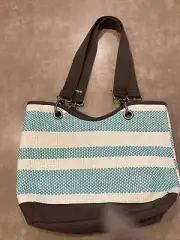Thirty-One~Tote, Brown Canvas W Paper Straw Like Aqua & White Striped, NWOT!