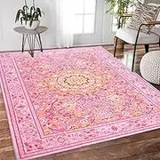 5x7 Area Rugs Machine Washable Boho Rug Oriental Floral Soft Indoor Carpet Low Pile Non Slip Large Rugs for Living Room Bedroom Office Dining Room Decor Aesthetic, Pink