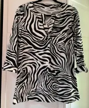 NWT NINE WEST BLACK/WHITE ZEBRA KNIT PULLOVER V NECK TOP Rolled tab Cuffs SZ S