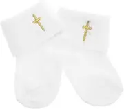 TEMPNAP 1pair Newborn Christening Socks Turn Cotton Booties Cross Embroidery for Year Old Boy Girl Stylish Antislip Design for Safety and Comfort