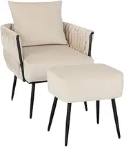 Giantex Modern Dutch Velvet Accent Chair & Ottoman Set, Single Leisure Sofa Chair w/Weaved Back & Arms, Soft Pillow, Metal Legs & Adjustable Foot Pads, Reading Armchair for Living Room, Study (White)