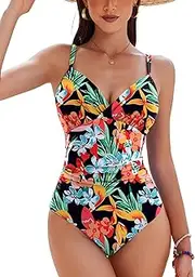 [AI'MAGE] Women's One Piece Ruched Swimsuit 2025 Tummy Control Bathing Suits Sexy V Neck Swimwear