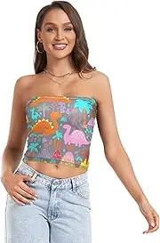 [RPLIFE] Colorful Dinosaurs Crop Tube Tops for Women, Sexy Tube Tops, Sheer Tube Tops, Hot Girl Summer Essentials (S)