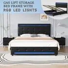 Led Gas Lift Bed Frame Double Wooden Mattress Base Platform Upholstered Bedhead
