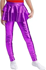 [Sinleey] Kids Girls Metallic Leggings with Ruffle Skirt Shiny Tutu Pantskirt Tights Stretchy Pants Slim Fit Culottes