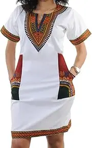 [SheKiss] Women's Dashiki African Bodycon Dresses Bohemian Vintage Print Club Midi V-Neck Pockets