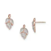 14k Rose Gold w/ Real Diamond Leaf Pendant and Post Earrings Set