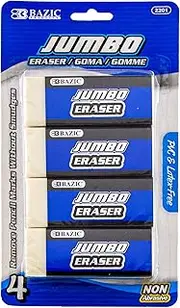 BAZIC Erasers, Jumbo Vinyl Pencil Eraser (4/Pack), Latex Free, White Large Size Block Erasers for Art Drawing School Office Kids Teachers, 1-Pack