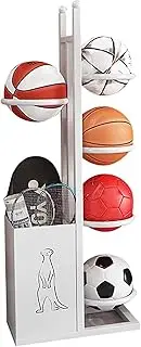 Ball Rack Floor Standing Ball Storage Rack, 5 Tiers Metal Sport Balls Stand with Basket, Basketballs Tennis Rackets Organizer for Home Garage Kids Room,White