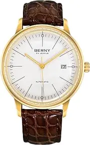 [BERNY] Men's Wrist Watches Ultra Thin Movement Automatic Minimalist Watch Crocodile Leather Strap 18K Real Gold Watches for Men, Gold