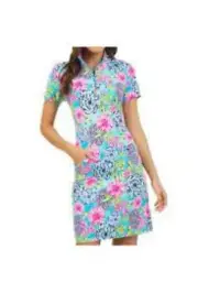 NWT Ladies IBKUL LARISA Turquoise Multi Short Sleeve Mock Golf Dress - XS & XL