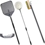 Perforated 14" Square and 9" Round Pizza Peel, 43" Copper Clean Brush, with Steel Scraper, 3 Pcs Pizza Oven Set, Compatible with All Oven, Homemade Pizzas, Gift Hook