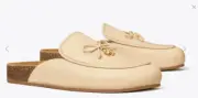 Tory Burch T Charm Mules Flat Slip-on Brie Genuine Leather Natural Cork Sz 10.5