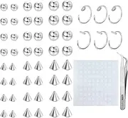 [Jstyle] 54Pcs Fake Eyebrow Ring Fake Lip Labret Studs Replacement Balls Spike with 100Pcs Sticker Non-Piercing Nose Rings Hoop Body Jewelry Fake Skin Piercing 3MM 4MM 5MM