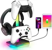 AnnuoYi RGB Headset Stand，Headphone Stand with 2 USB Charging and 1 Type-C, Gaming Controller Holder with 10 Light Mode and Memory Feature, Universal Headset Stand Accessories for Desk Gamers