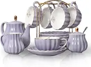 [Sweejar] Porcelain Tea Sets British Royal Series, 8 OZ Cups& Saucer Service for 6, with Teapot Sugar Bowl Cream Pitcher Teaspoons and Tea Strainer, Suitable for High Tea, Wedding, Party (Purple)