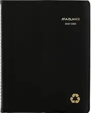 AT-A-GLANCE 2023-2024 Academic Planner, Weekly & Monthly, Quarter-Hourly Appointment Book, 8-1/4" x 11", Large, Monthly Tabs, Flexible Cover, Recycled, Black (70957G05)