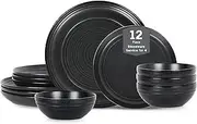 [Stone Lain] Elio 12-Piece Dinnerware Set Stoneware, Plates and Bowls Set, Dish Set for 4, Black